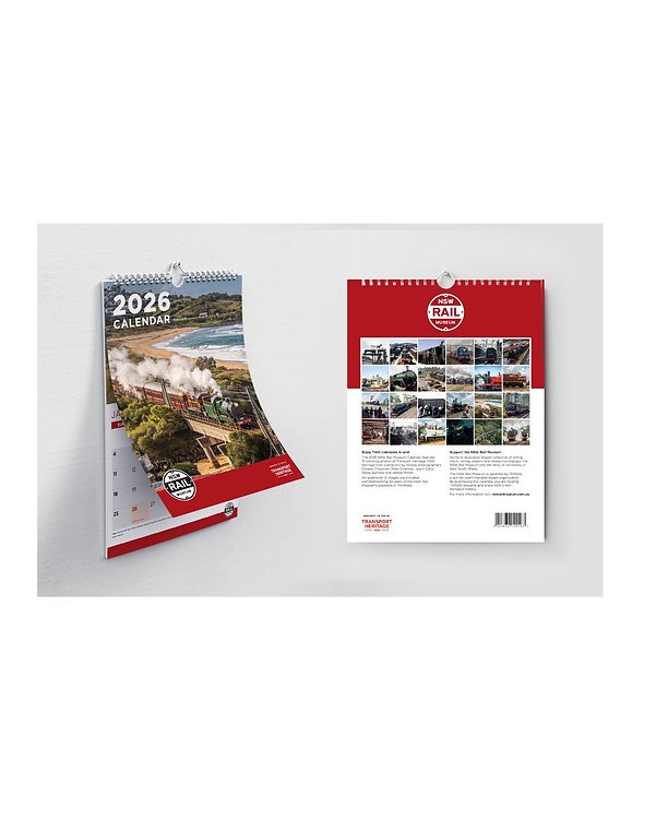 Sample month image from 2026 NSW Rail Museum Calendar featuring heritage diesel locomotive