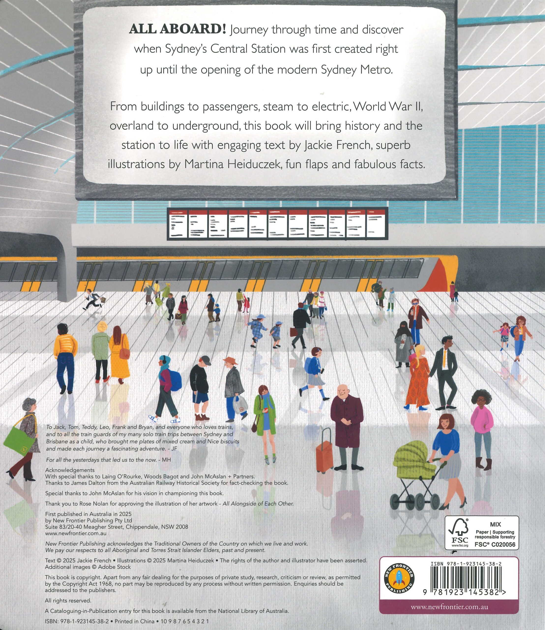 Back cover of Discovering Sydney’s Central Station children’s book showing summary text, author bio, and railway-themed artwork.