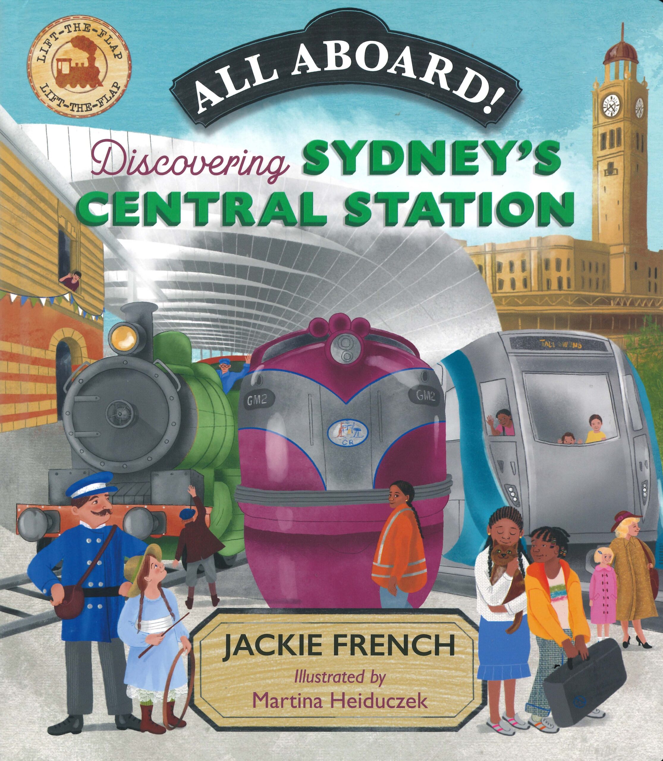 Front cover of All Aboard! Discovering Sydney’s Central Station children’s book by Jackie French – illustration of Sydney Central Station with trains and families.