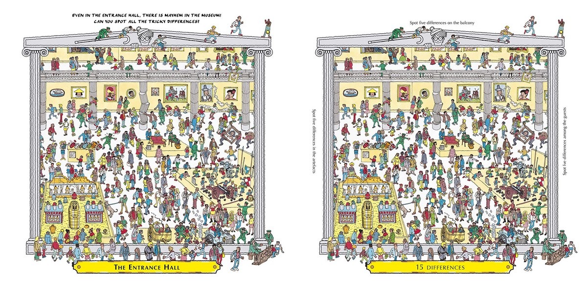 Interior spread of Where’s Wally? Double Trouble at the Museum with two nearly identical museum gallery images